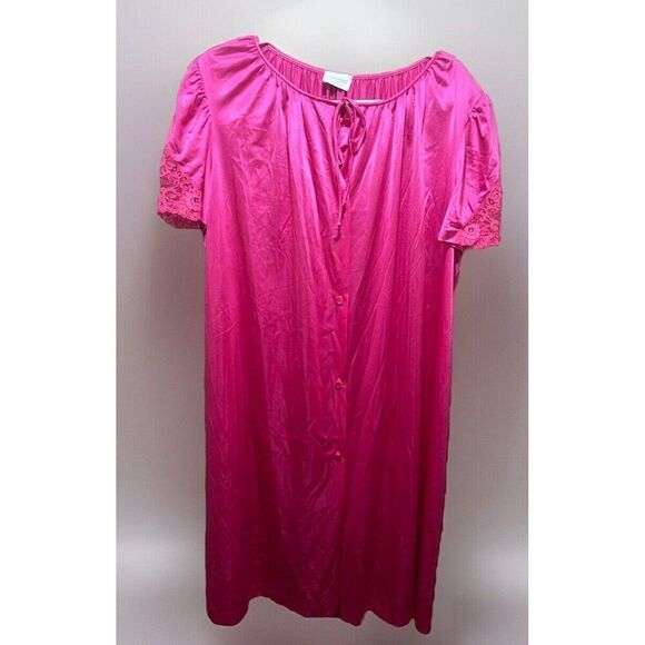 Vintage Lorraine Satin Robe Size 1X Fuchsia Pearlized Button Down Lace Sleeves - Picture 1 of 7
